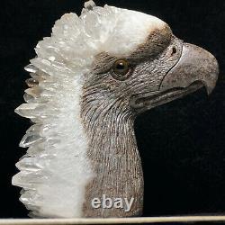 Natural crystal cluster quartz mineral specimen, hand-carved eagle collection