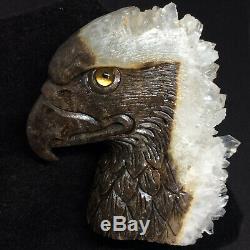 Natural crystal clusters of quartz mineral specimens boutique hand-carved eagle