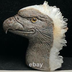 Natural quartz crystal cluster mineral specimen fine hand-carved bald eagle