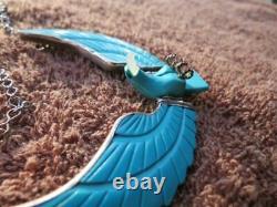 Navajo Harry Spencer Sterling Silver Hand Carved Turquoise Eagle 18 Necklace
