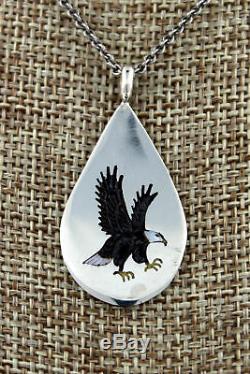 Navajo Sterling Silver Hand Carved Eagle Inlay Pendant by Larry Watchman