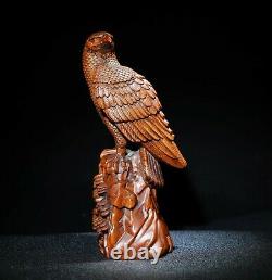 Noble Decor Exquisite Natural Boxwood Hand carved eagle on the pine trees Statue