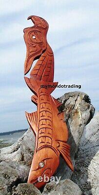 Northwest Coast First Nation native Art hand carved Eagle and Salmon, signed