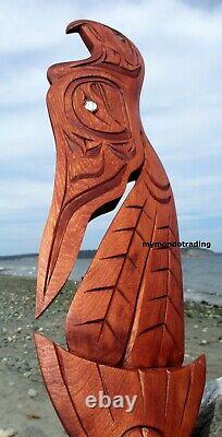 Northwest Coast First Nation native Art hand carved Eagle and Salmon, signed