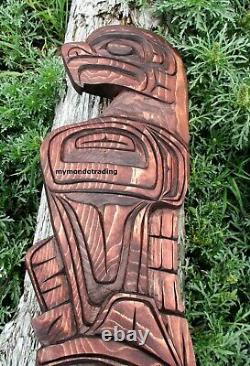 Northwest Coast First Nations native Art carved3 ft EAGLE and BEAR hand carved