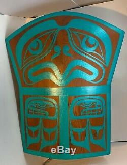 Northwest Coast First Nations native cedar hand carved Copper Shape Eagle