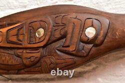 Northwest Coast Salish 36 Hand Carved Eagle Paddle Abalone Shell SIGNED AUGUST