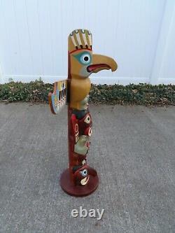 Northwest Coast Signed Native Indian Hand Carved Wooden Eagle Totem Pole 27 1/2