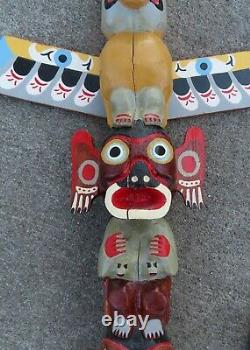 Northwest Coast Signed Native Indian Hand Carved Wooden Eagle Totem Pole 27 1/2