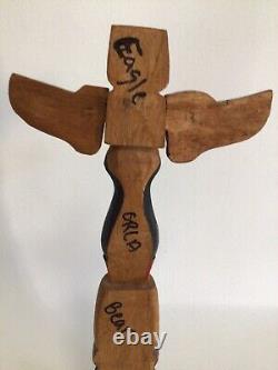 Northwest Coast Signed Native Inuit Hand Carved Wooden Eagle Orca Totem Pole 12