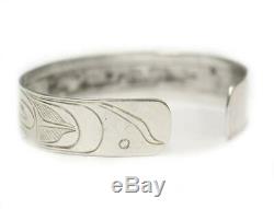 Northwest Coast silver hand carved bracelet Raven Eagle Whale signed