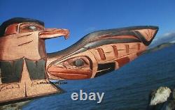 Northwest First Nation native Art hand carved EAGLE with SALMON on wings, signed