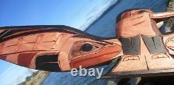 Northwest First Nation native Art hand carved EAGLE with SALMON on wings, signed