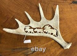 ORIGINAL 15 Antler Bone Carving Hand Carved Moose Eagles Live Shed Detailed Art