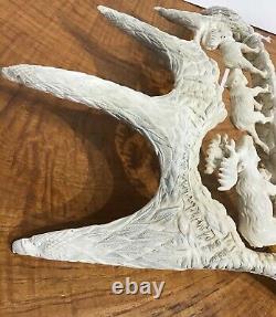 ORIGINAL 15 Antler Bone Carving Hand Carved Moose Eagles Live Shed Detailed Art
