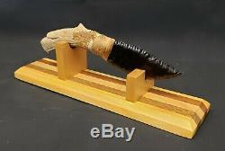 Obsidian Blade Carved Knife- Double Eagle Antler, Hand Carved, Handle Display
