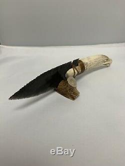 Obsidian Blade Carved Knife Eagle Antler Hand Carved Custom