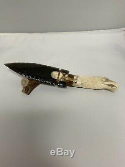 Obsidian Blade Carved Knife Eagle Antler Hand Carved Custom