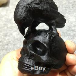 Obsidian Skull Natural Quartz Crystal Hand Carved Eagle Sculpture Healing Gift