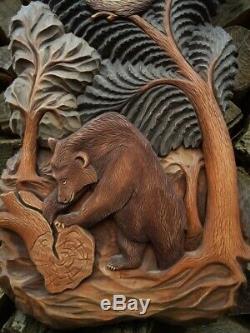 Old Black Forest Hand Carved Wood Plaque-antlers-wood Carving-bear-eagle-rare