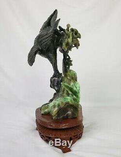 Old Chinese Carving Art Sculpture Jade Eagle & Rabbit With Fitted Wooden Stand