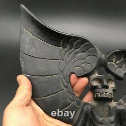 Old Chinese Hongshan Culture black Jade Human skeleton eagle wings Statue, #301