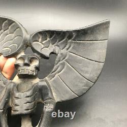 Old Chinese Hongshan Culture black Jade Human skeleton eagle wings Statue, #301