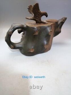 Old Chinese Yixing Zisha Purple Sand Clay Hand Carved Stump Eagle Teapot 380 cc