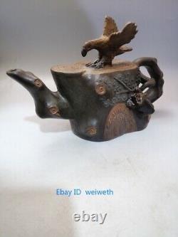 Old Chinese Yixing Zisha Purple Sand Clay Hand Carved Stump Eagle Teapot 380 cc