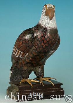 Only one Rare Old Cloisonne Copper Enamel eagle Collect Statue on Wood Stand