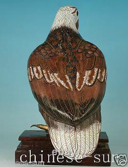 Only one Rare Old Cloisonne Copper Enamel eagle Collect Statue on Wood Stand