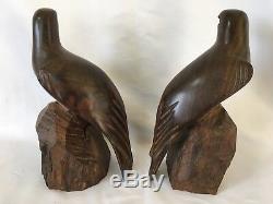 PAIR Hand Carved Ironwood Falcon Hawk Eagle Statue Bookends Bird 10.5 Solid