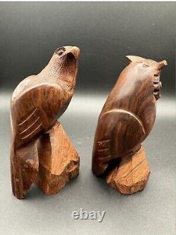 PAIR of Highly-detailed Heavy Hand Carved 7'' Eagle &6.5'' Owl Wooden Sculptures
