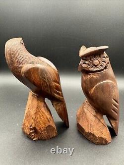 PAIR of Highly-detailed Heavy Hand Carved 7'' Eagle &6.5'' Owl Wooden Sculptures