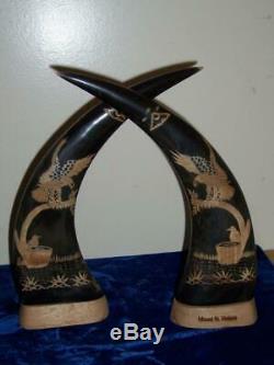 Pair Eagles On Branch Stump Hand Carved Bull Cow Horns Mount St Helens 10 1/2