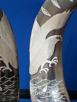 Pair Of Decorated Buffalo Horns With Eagles 14 High