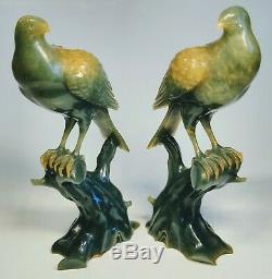 Pair of Antique 1920s Chinese Hand-Carved Jade Hawk Eagle Bird Perched Figures