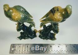 Pair of Antique 1920s Chinese Hand-Carved Jade Hawk Eagle Bird Perched Figures