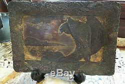 RARE JAPANESE ANTIQUE Small Irogane Tray with Hand Carved Eagle & Koi Carp