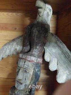 RARE VINTAGE Totem Pole withEAGLE Hand-Carved Distressed Wood 42 Tall CHIPPEWA
