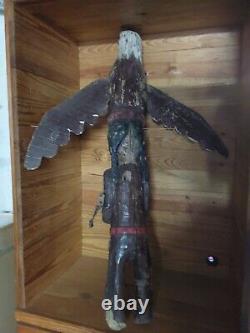 RARE VINTAGE Totem Pole withEAGLE Hand-Carved Distressed Wood 42 Tall CHIPPEWA