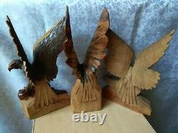 RARE Vintage old Wooden Decor Art carving Two Eagle Hand Made set 3