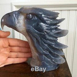 Rare XL Hand Carved Blue Agate with Quartz Crystal Geode Eagle Head Centerpiece