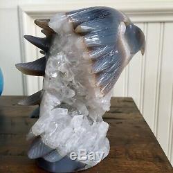 Rare XL Hand Carved Blue Agate with Quartz Crystal Geode Eagle Head Centerpiece