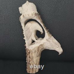 Real Antler Horn Eagles Carved For Walking Stick Cane Head 100% Handmade