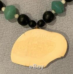 Signed Heendei Hand Carved Tlingit Eagle Pendant on 26 Trade Bead Necklace