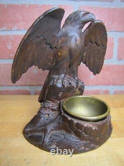 Spread Winged Eagle on Stump Antique Hand Carved Wooden Decorative Arts Tray