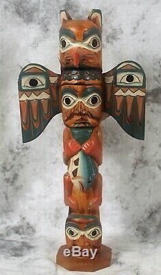 Tall 16.5 Hand Carved Totem Pole Signed Patrick Seale Eagle Boy Alaska Inuit
