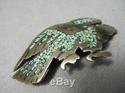 Tremendous Vintage Navajo Hand Carved Eagle Green Turquoise Sterling Silver Pin