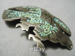 Tremendous Vintage Navajo Hand Carved Eagle Green Turquoise Sterling Silver Pin